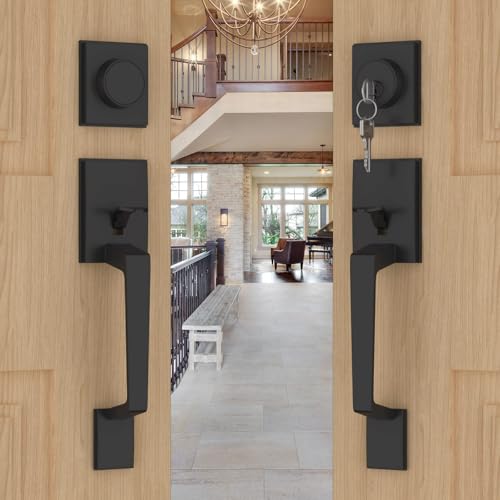 Goldenwarm Double Front Door Lock Set Black Double Door Handle Set Matte Black Double Door Handle with Dummy Modern Double Front Door Hardware Set with Reversible Handle Lever