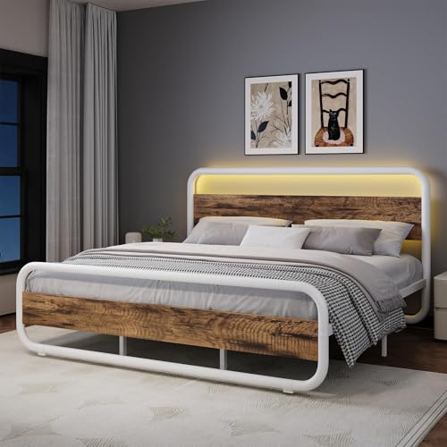 Image of King Size Bed Frame, Wood Headboard and Footboard, LED Lights, White