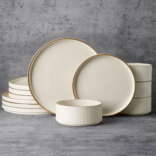 Famiware Star 12-Piece Stoneware Dinnerware Sets with Trim, Service for 4, Ceramic Plates and Bowls Set, Modern Rustic Dishes, Everyday/Formal, Chip/Scratch Resistant, Microwave/Dishwasher Safe, Cream by famiware - Used condition - US$61.53