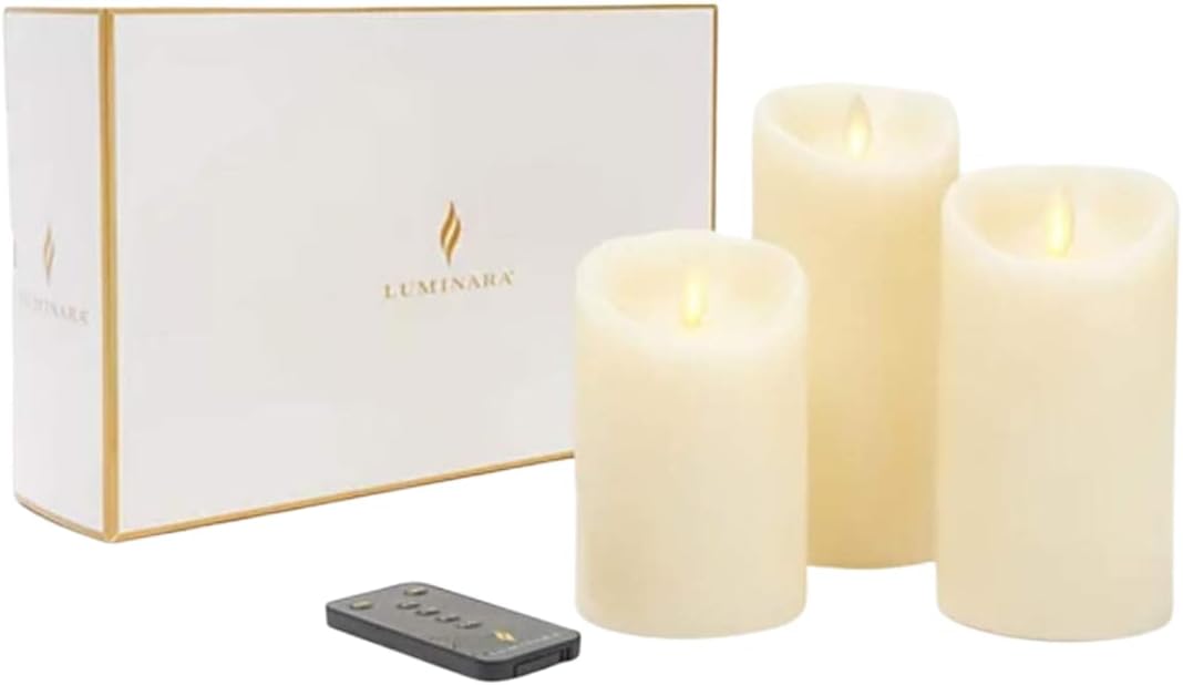 Luminara Set of 3 Ivory Flame Effect Real Wax LED Pillar Candles with Remote Control