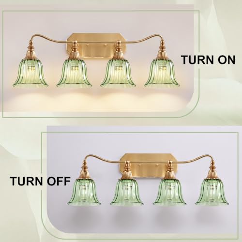 Image of LmnLvn Vintage Gold Bathroom Vanity Light, 4-Light Green Crystal Glass Shade