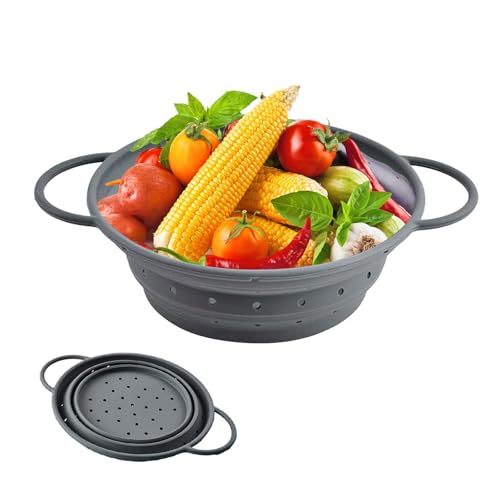 Colador, 21,5cm Cocina Plegable Colador, Silicona Escurridores Plegables Canasta con Asa, Para Cocinas Domésticas, Restaurantes, Camping, Gris