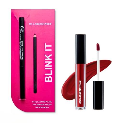 Image of Blinkit Kajal and Red Matte Liquid Lipstick Combo Set, Smudge-proof, Waterproof