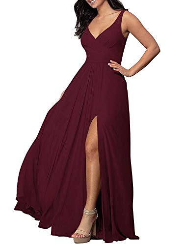 Faironline V Neck Peated Chiffon Bridesmaid Dresses Long Split Formal Dress for Women