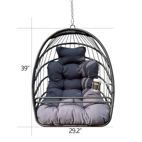 Egg Chair Without Stand, Hanging Chair Swing Hammock Basket with Cup Holder and Cushion, Swing Egg Chairs Indoor Outdoor for Patio, Bedroom, Porch, Garden, 350LBS Capacity, Wicker in Black - Thumbnail 3