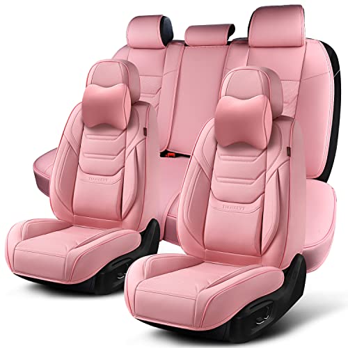 Image of TIEHESYT Pink Car Seat Covers Full Set, Breathable Leather Automotive Front and Rear Seat Covers with Headrest, Waterproof Auto Seat Protectors Fit for Most Sedans SUV Pick-up Truck