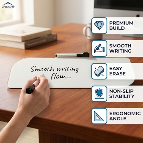 Image of LifeKrafts Dry Erase Glass Whiteboard | Desktop Easel Board for Office, Home, School, Adults&Kids | Tabletop Writing Board |Reusable Marker Board|1 Marker Pen & 1 Eraser| 15.5 x 6 Inches | Pack of 1