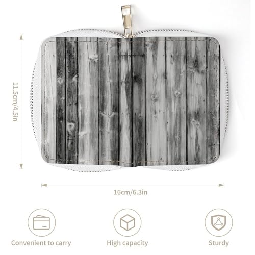 Women Leather Coin wallet, Key Change Organizer Zipper Card Holder Purse Clutch Pouch Pocket 4.5x3.15 in Print Black White Wood Vintage Wooden3