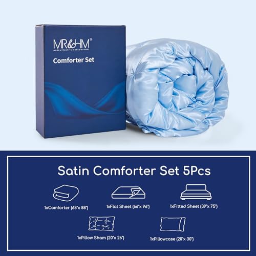 MR&HM Satin Comforter Twin 5 Pieces - Luxurious Pinch Pleat Bedding Set with Comforter, Flat Sheet, Fitted Sheet, Pillowcase & Sham, Super Silky Soft Bed Set for All Season (Twin, Light Blue)