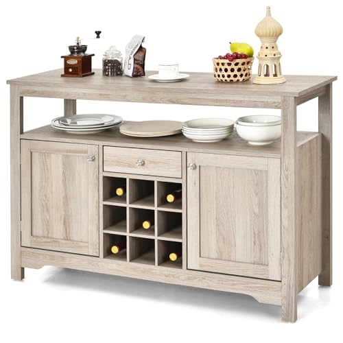 KOMFOTTEU Aparador de Cocina con Botellero para 9/12 Botellas, Mueble Buffet con 2 Armarios con Puerta y un Cajón, Armario de Almacenamiento para Comedor, Salón, 116 x 40 x 82 cm (Gris)