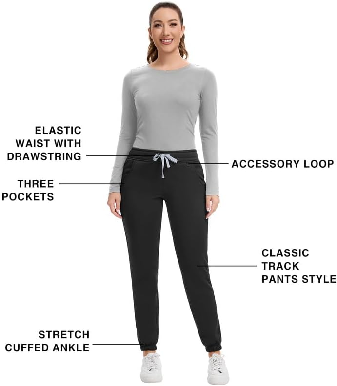 Kitmaz Fleece Lined Joggers for Women—Mid Rise Stretch Slim Fit Thermal Scrub Sweatpants with 3 Pockets(Black,XL) - Image 3
