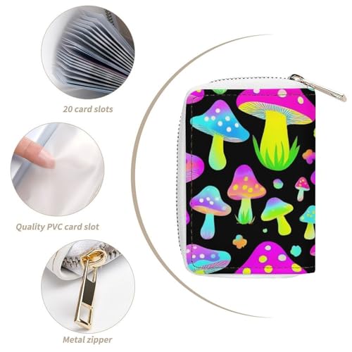 Compact Credit Card Organizer Case for Men Women, Portable Mini Card Holder Organizer with Zipper Neon Mushrooms Pattern Purple Pu Leather Wallet4
