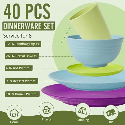 Image of Kitchen Wheat Straw Dinnerware Set | Service for 8 | Unbreakable Dinnerware Set Plates and Bowls Sets Dinner Plates Dessert Plate Drinking Glasses Cereal Bowls Kitchen Dishes Sets - Memphis