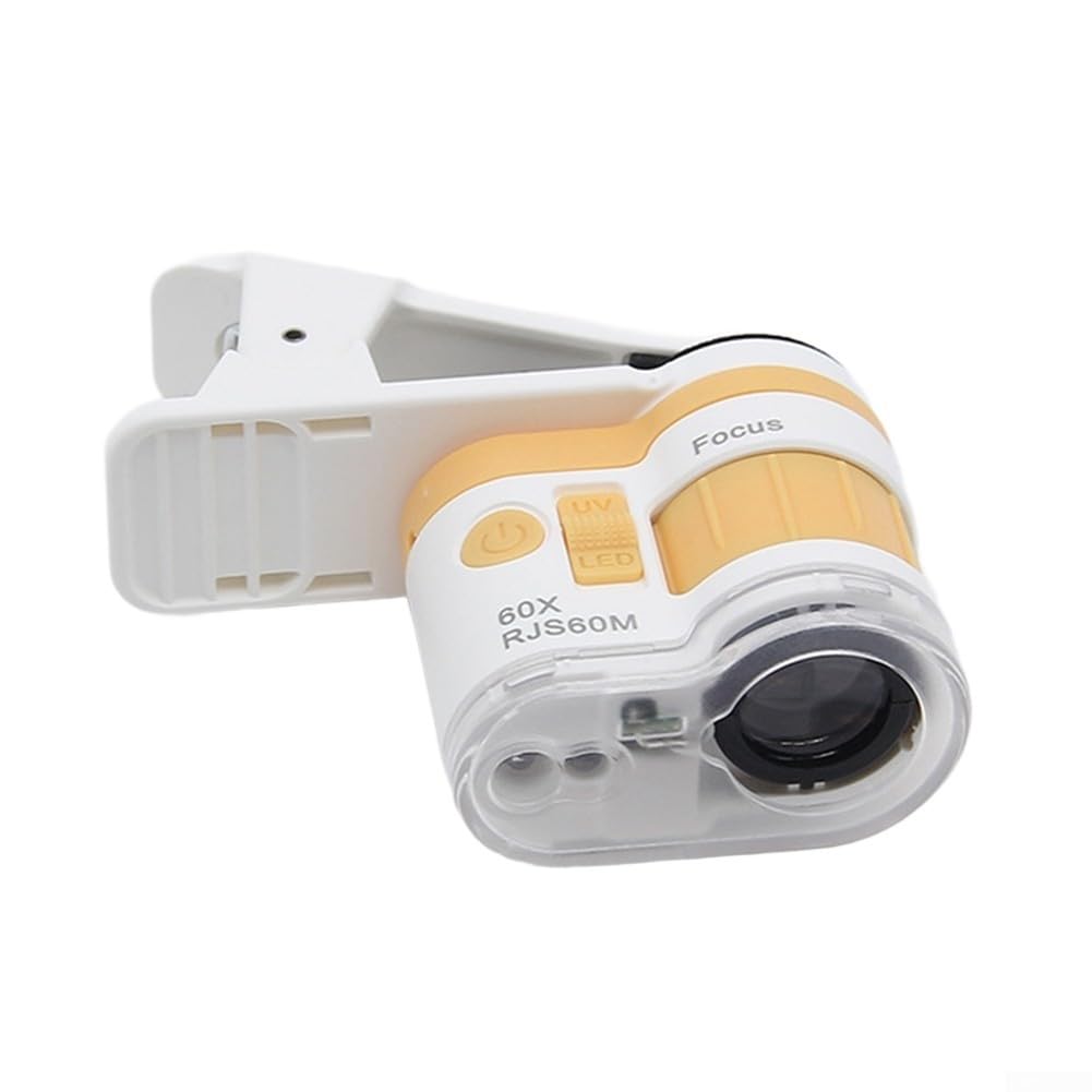 Microscopio portatile con ingrandimento 60x, con clip per telefono, luce bianca a LED, per progetti scientifici, hobby, uso nero, blu, giallo, arancione (nero)