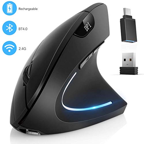 Ergonomic Mouse, Hommie Bluetooth 4.0 Rechargeable 2.4GHz Wireless Vertical Optical Mice, 5 Adjustable DPI 800/1200/1600/2000/2400 Levels 7 Buttons for Laptop/PC/Desktop/MacBook, Black