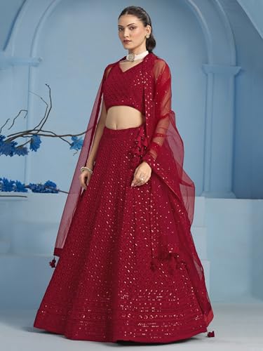 Image of Zeel Clothing Women's Sequins Thread Embroidered Georgette Lehenga Choli With Dupatta (5124-Women-Lehenga-Choli-New; Free size)
