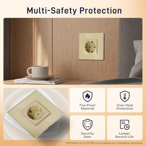 BSEED Schuko Steckdose 1 Fach Steckdose Glas Unterputz Steckdose,Steckdosen mit Kristall Glas Platte Einzel Wandsteckdose 16Amp EU Standard Verlängerungssteckdosen Gold -86mm