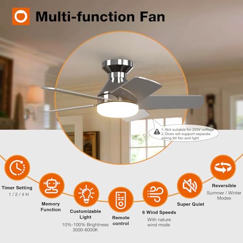 Image of addlon Ceiling Fans with Lights, 32 inch Low Profile Ceiling Fan with Light and Remote Control, Flush Mount, Reversible, 3CCT, Dimmable, Quiet, Nickel Small Ceiling Fan for Bedroom Indoor /Outdoor Use