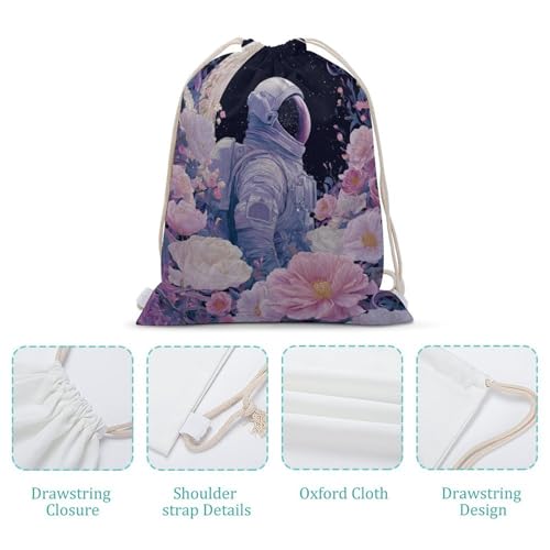 Astronaut Crescent Moon Flowers Drawstring Backpack Canvas String Bag Lightweight Sports Gym Bag for Men Women4