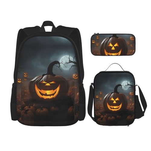 nanger Halloween Ghost Pumpkin Print 3-Piece Set Backpack, Lunch Bag And Pencil Case, For Travel, College, And Daily Use