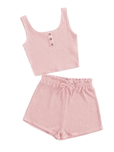 Image of RoseSeek Girl's 2 Piece Outfits Waffle Knit Scoop Neck Button Down Crop Tank Tops Paperbag Waist Track Shorts