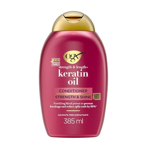 OGX Strength & Length + Keratin Oil Conditioner (385 ml), acondicionador fortificante con proteínas de keratina y aceite de argán, tensioactivos sin sulfatos, para pelo dañado