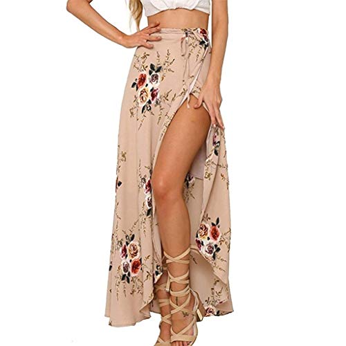 Womens Boho floral tie up cintura verano de la envoltura de la falda Maxi (Albaricoque,L)