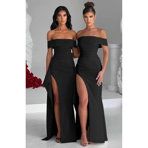 AOWVUTS Damen Ballkleider Lang Abendkleid mit Schlitz Schulterfrei Sexy Party Cocktailkleid Bodycon Maxikleid Lang Elegant Formal Kleid Sommerkleid Festliche Partykleid