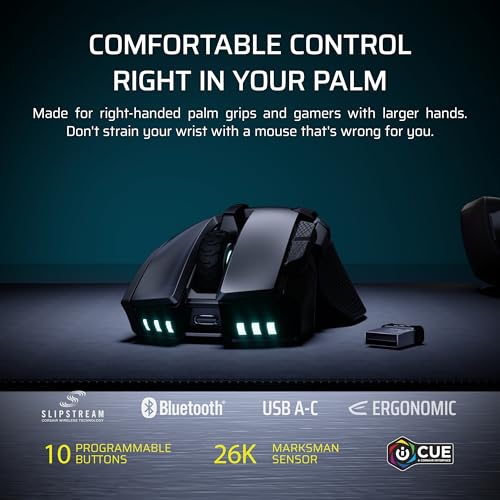 CORSAIR IRONCLAW Wireless SE Gaming Mouse – 26,000 DPI, Ergonomic Design for Larger Hands, 10 Programmable Buttons, for MOBA, FPS, MMO – Black - Image 3