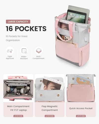 Image of LOVEVOOK 17.3 Inch Laptop Backpack for Women, Large Capacity Travel Backpack with Organizer Bag, Waterproof Carry on Backpack Work Bag with USB Port, Teacher Nurse Backpack Purse, 2PCS, Grey-Pink
