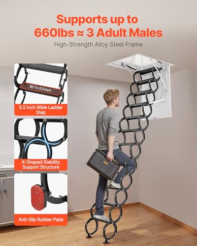 VEVOR Dachbodenleiter, Tragkraft 299,4 kg, passend für Deckenhöhen von 3,2-3,35 m und Öffnungsgröße von 1000,76x698,5 mm, ausziehbare Deckentreppe aus legiertem Stahl mit Zugstange für Dachboden