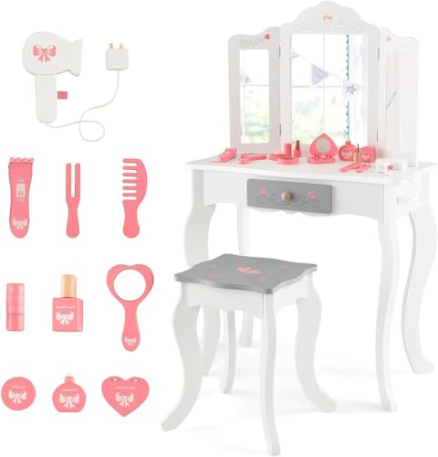 GOPLUS Tocador Niña 2 en 1 con 10 Accesorios Maquillajes, Juego de Tocador Infantil Princesa de Madera con Taburete y 3 Espejo Extraíble, para Niños de 3+ Años, 60 x 33 x 98,5 cm, Blanco