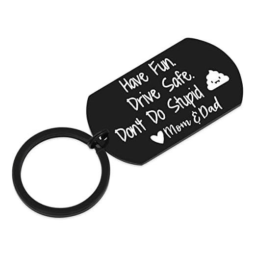 Beugif Graduation Coming of Age Gift for Teen Boys Girls Have Fun Keyring Drive Safe Key Chain Don't Do Stupid Keychain Tag (Black-dadmom), 1.97 inch*1.10 inch