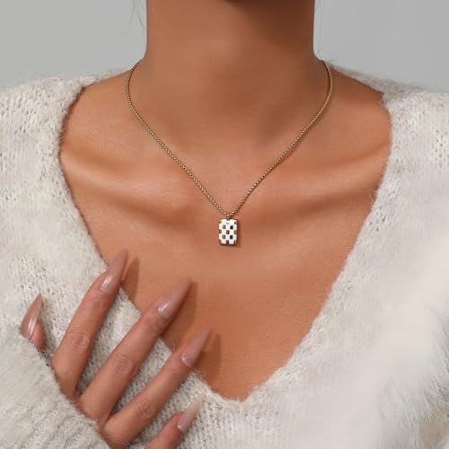 SIXFOX 14K Gold Plated Pendant Necklaces For Women Dainty Gold Chunky Block Necklaces Hypoallergenic Trendy Gold Jewelry — view 4