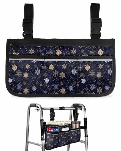 Anzona Navy Blue Yellow Christmas Wheelchair Side Bag Walker Bag, Xmas Winter Snowflake Wheelchair Accessories Armrest Pouch, Organizer Storage Bag for Walkers, Rollators, Scooters, 7.3''x13''