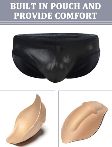 Panegy Men's Shiny Faux Leather Swim Briefs Contour Pouch Bikini Underwear Drawstring Swimwear with Pad3