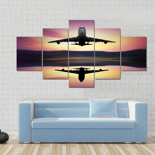 Decoration murale salon 5 parties tableau avion grand format
