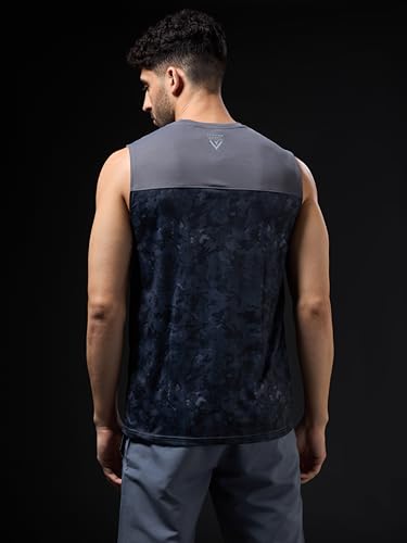 Image of TECHNOSPORT Men Polyester Slim Fit Crew Neck Printed Sleeveless Vest with Anti-Microbial, Odour Free for Gym, Workout and Sports