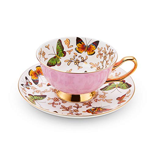 LURRIER Coffee Cup Mug with Saucer for Latte Cappuccino Tea with Butterflies 68 Oz Dishwasher and Microwave Safe Reactive Glaze 1 Pcs Pink