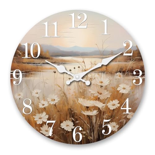 XNM Farmhouse Wooden Wall Clocks Battery Operated 12 Inch Small Rustic Flower Decorative Wall Clocks Silent Countryside Landscape Wall Clock for Living Room Bedroom Kitchen Decor