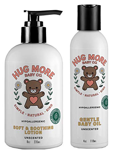 Hug More Baby Oil 4 Oz & Baby Lotion 8 Oz Pack of 2 – Unscented – Gentle, Soft & Soothing - Hypoallergenic, Suitable for Newborn Babies