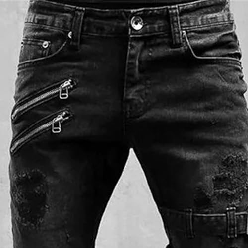 JEKE-DG Men's Ripped Skinny Moto Biker Jeans Slim Fit Hip Hop Tapered Leg Denim Pants Stretch Zipper Punk Jeans Trousers3
