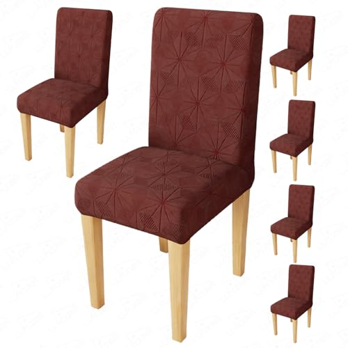 Image of Lukzer Elastic Dining Chair Cover - 6PC Pastel Deep Maroon Starlight | Textured High Stretch Jacquard Seat Cover | Removable Washable Short Dining Chair Cover Protector Seat Slipcover | (CC-145-06)
