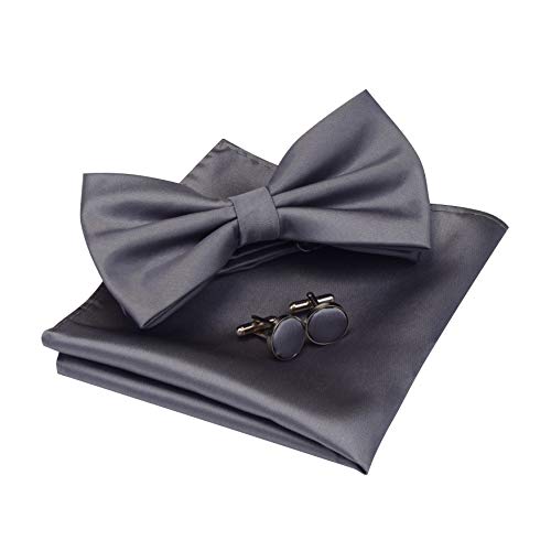 Image of GUSLESON Men's 3-pc Solid Color Bow Tie Gift Set - Double‑Fold Pre-Tied Bow Tie, Pocket Square, Cufflinks - Wedding Formal Party
