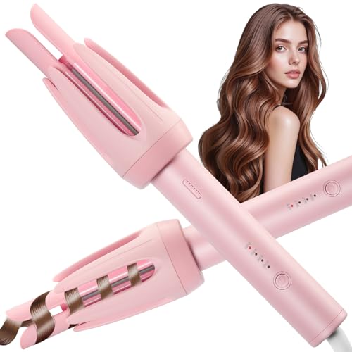 Automatic Curling Iron, Curloni 1.2 Inch Rotating Hair Curler for Long Hair, Pink Ceramic Wand Curling Iron with 4 Temps & Anti-Scald Design, Dual Voltage Automatic Hair Curler for Beginners