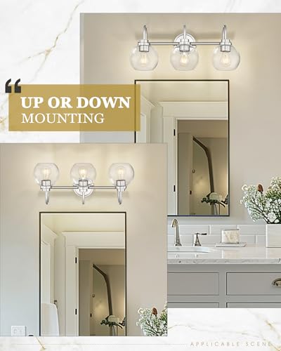 Image of Bathroom Light Fixtures, 3-Light Brushed Nickel Vanity Lights Over Mirror with Globe Clear Glass, Modern Vanity Lighting Fixtures, AD-22280-3W-SN