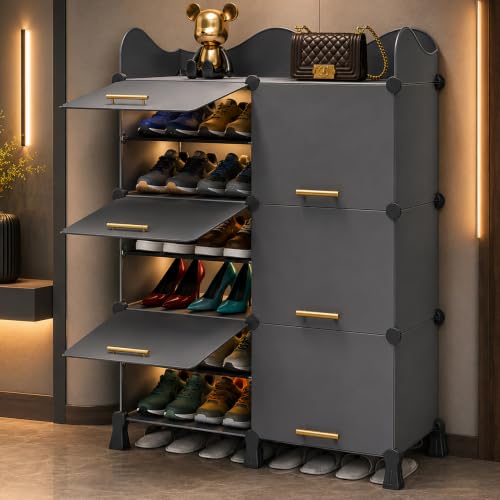 Image of AYSIS Premium Foldable Plastic Shoe Rack for Home, ๐ ๐๐จ๐จ๐ซ ๐๐ ๐๐ก๐๐ฅ๐ Shoe Cabinet, Dustproof & Waterproof Organizer, Portable Space Saving Storage for Entryway, Bedroom & Living Room, Grey