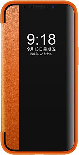 Étui en cuir iPhone 14 Plus orange : l'élégance d'un rabat luxe et d'une fenêtre claire