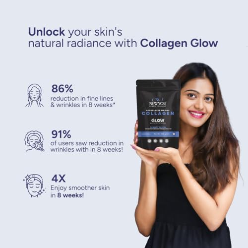 Image of NewYou Collagen Glow Marine Collagen Powder for Skin, Hair & Nail Support | With Glutathione, Biotin, Hyaluronic Acid & Vitamins B Complex, C & E | Supports Skin Hydration & Hair Health | Blueberry Flavour | 500g