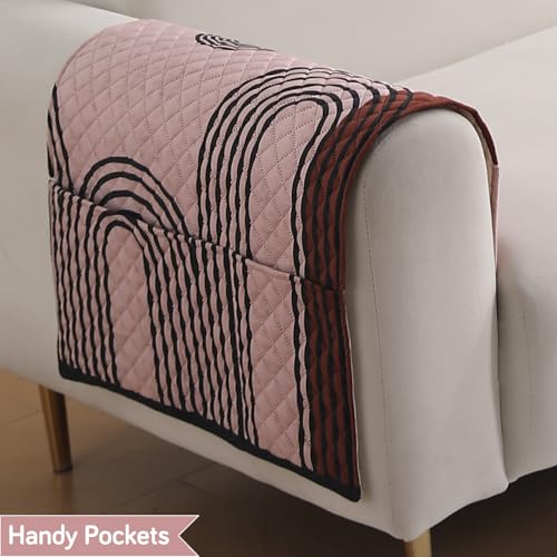 Image of HOKIPO 'LiefNest' Printed Holland Velvet Sofa Armrest Covers | 1 Pair | Modern Archscape Mauve Blush (NEW-IN-827-L-D10*2)